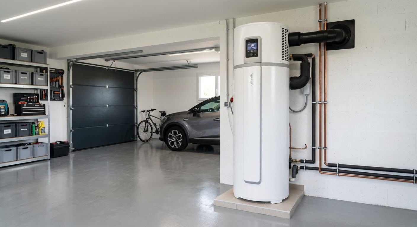 Ballon thermodynamique installé dans un garage
