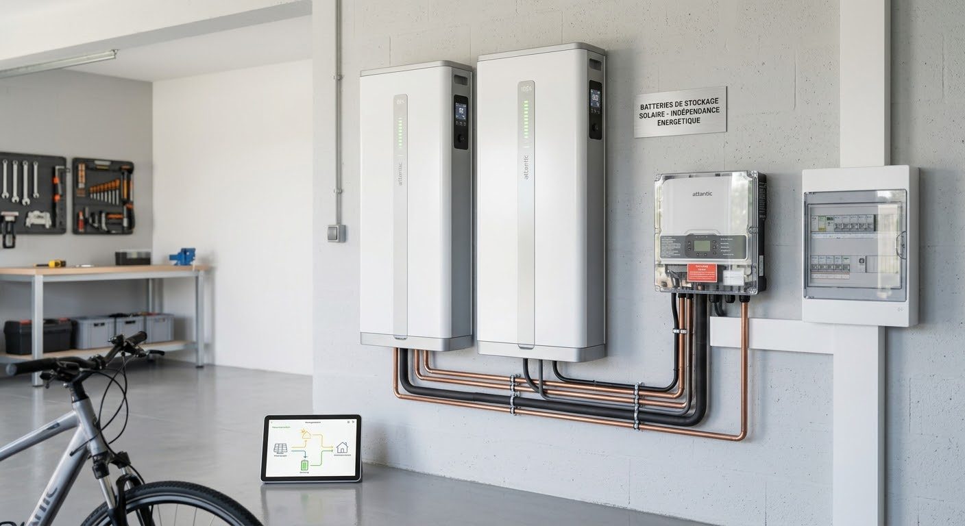 Technicien CEEG installant une batterie de stockage solaire