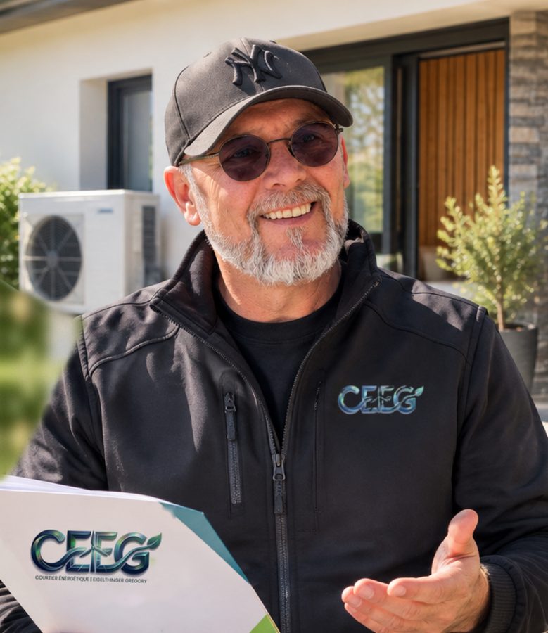Grégory Eigelthinger devant une maison équipée d'une pompe à chaleur