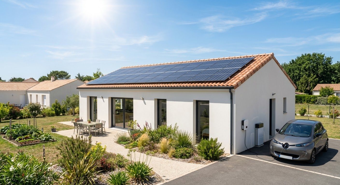 Toiture équipée de panneaux solaires, voiture électrique en charge